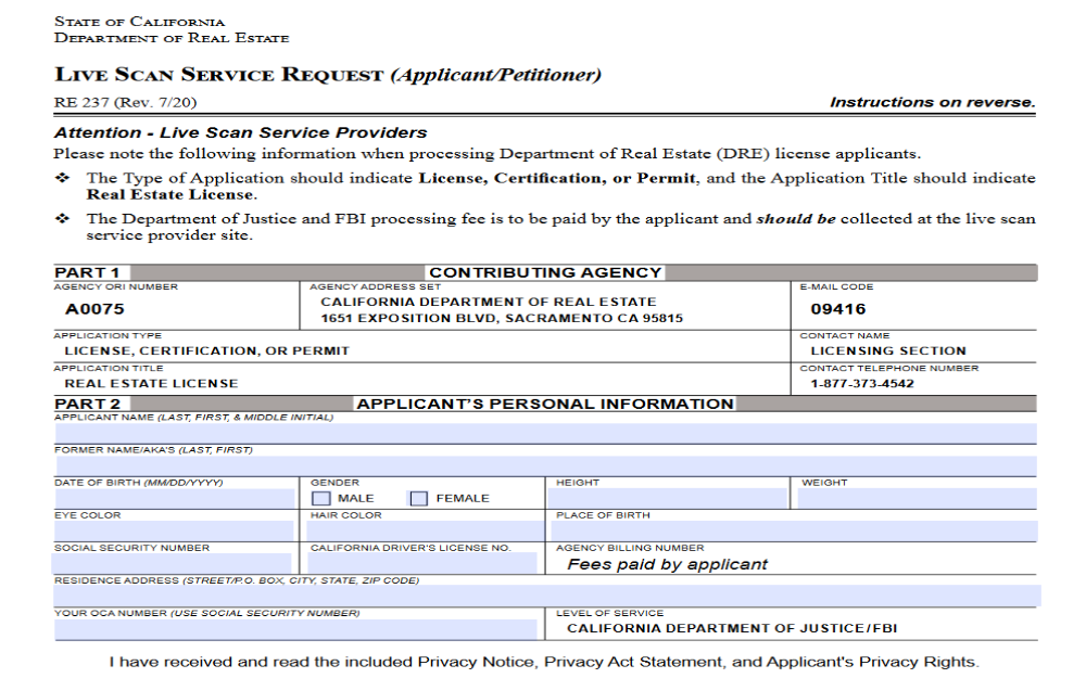 Screenshot of a Live Scan Service Request form from the State of California Department of Real Estate, which includes sections for the contributing agency's details, type of application, and the applicant's personal information.