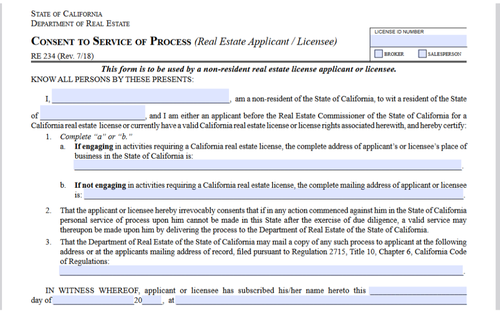 Screenshot of a Consent to Service of Process form from the State of California Department of Real Estate, intended for non-resident real estate license applicants or licensees, with sections to fill in personal information, agreement clauses, and a space for the applicant's signature and date.