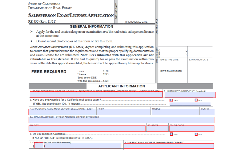 Screenshot of the top portion of the State of California Department of Real Estate Salesperson Exam/License Application form, which includes sections for general information, fees required, and applicant information.