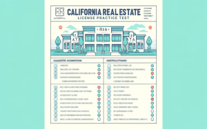 An illustrated California real estate license practice test with a drawing of a building and a list of topics and checkboxes.